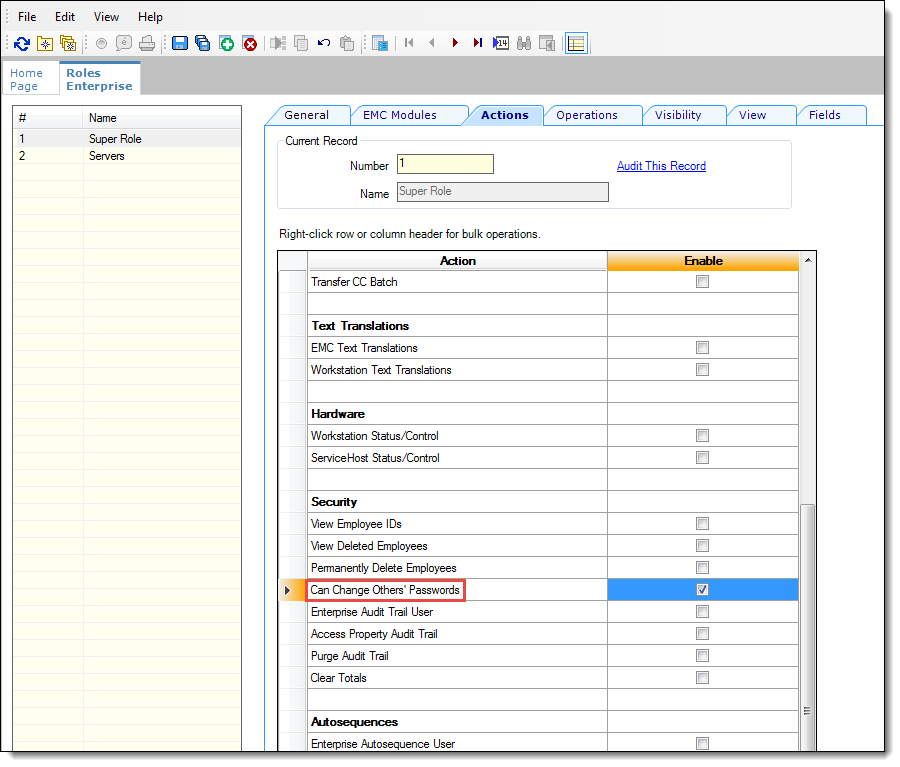 This figure shows the Roles option for Changing Other's Passwords.