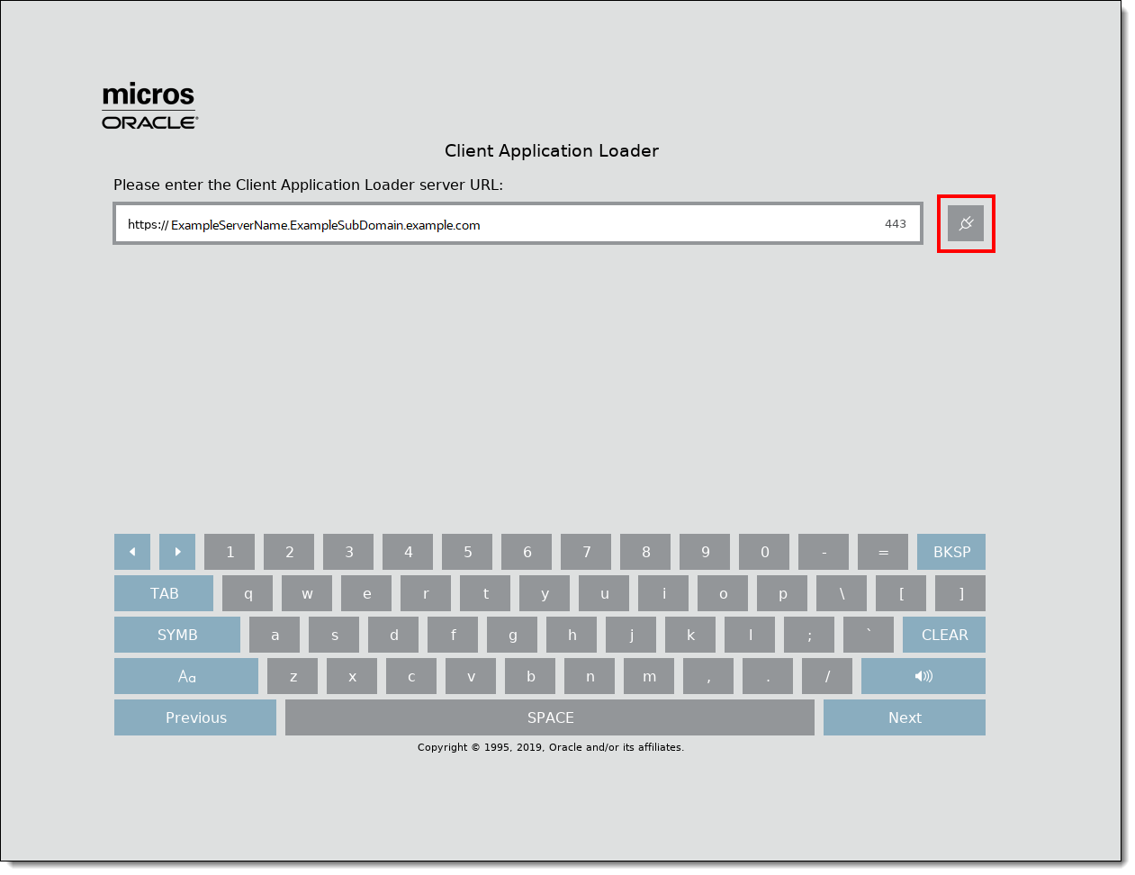 This figure shows the first CAL configuration window where the CAL server’s URL and port number are entered.