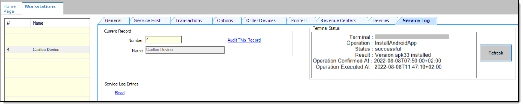 This figure shows the Workstations module Service Log tab and its contents.