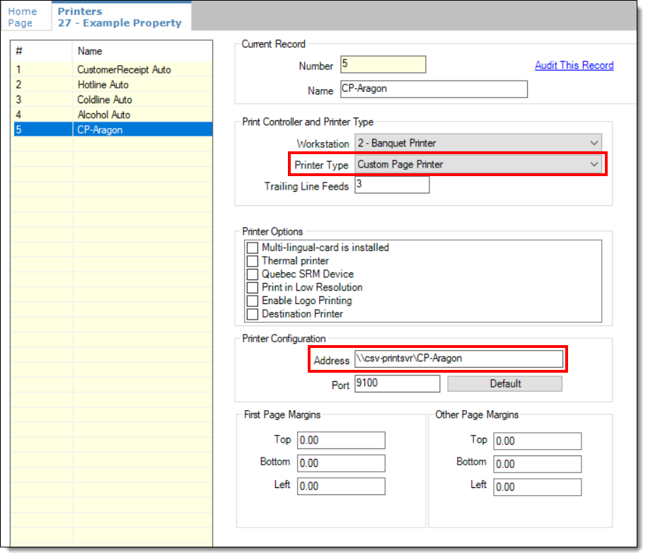 This figure shows the network printer setup in the Simphony EMC Printers module.