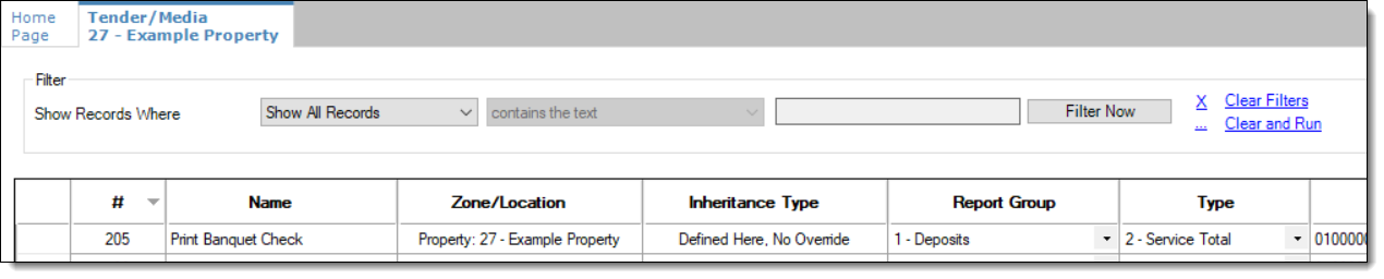 This figure shows a Tender/Media Service Total type record used for printing banquets checks prior to finalizing the transaction.