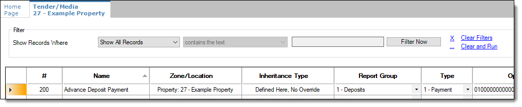 This figure shows a Tender/Media Payment type record used for collecting advance deposit payments for banquets.