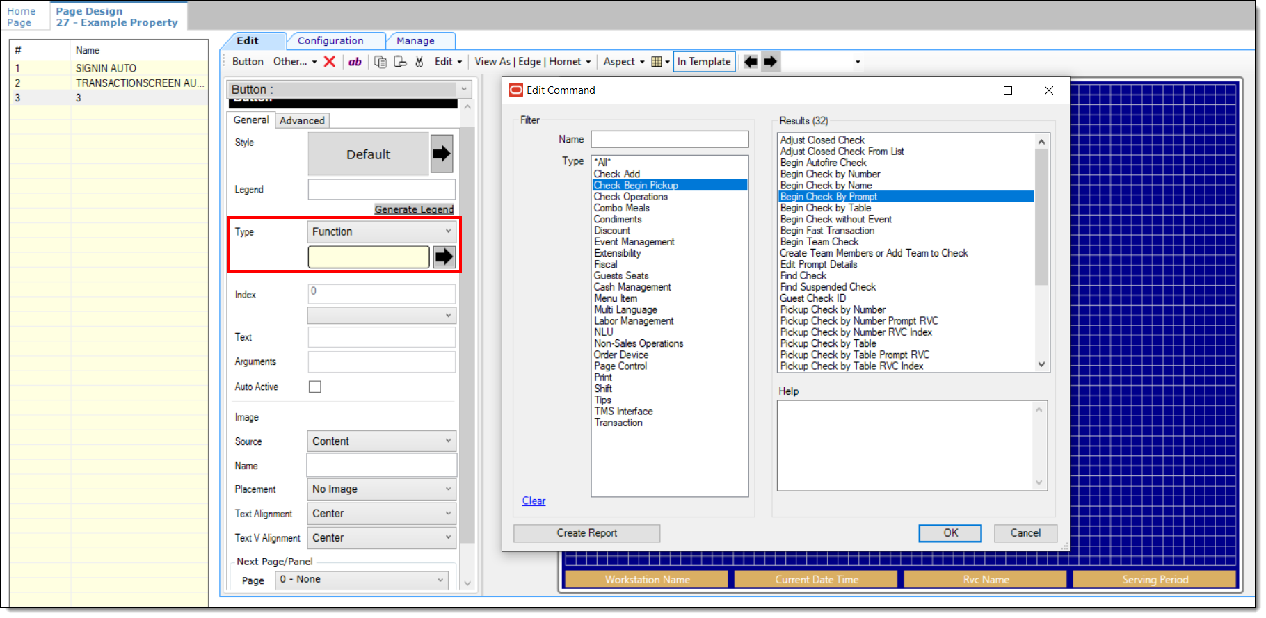 This figure shows how to assign the Begin Check By Prompt function in the Page Design module.