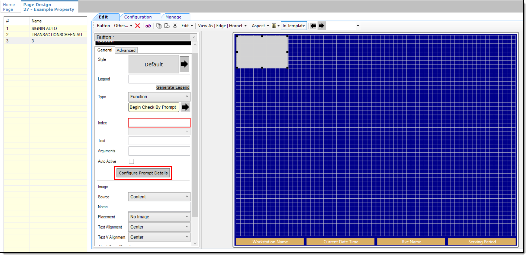 This figure shows how to configure the Configure Prompt Details button in the Page Design module.