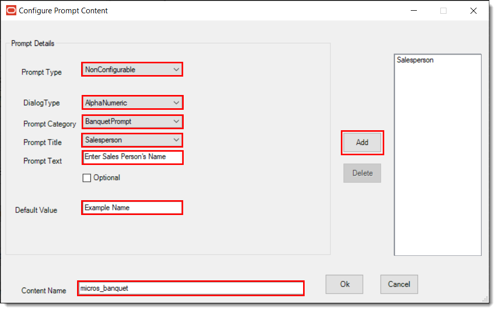 This figure shows the non-configurable prompt details window and some example configuration settings.