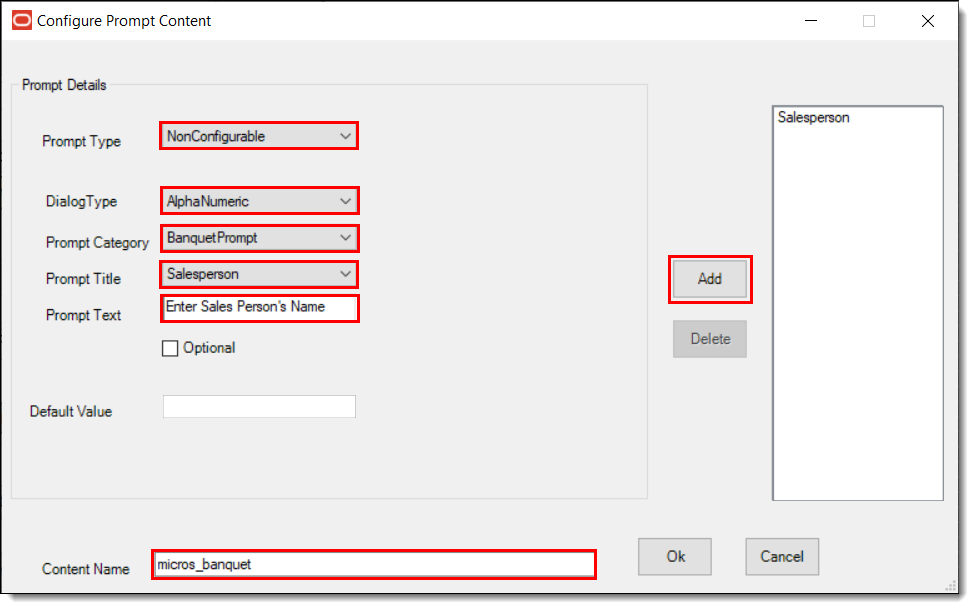 This figure shows the non-configurable prompt details window, specifically with a blank Default Value setting.