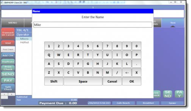 This figure shows where to edit check header content in the check detail area on the POS workstation.