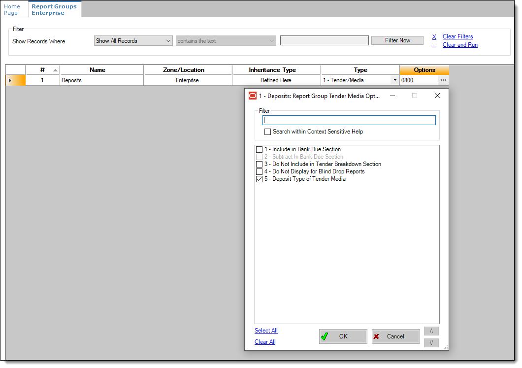 This figure shows configuring the Report Groups module and setting up a Tender/Media deposit field for printed banquet checks.