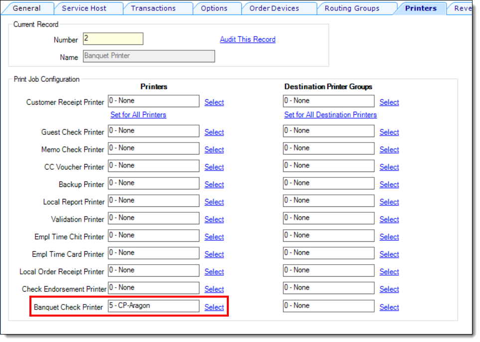 This figure shows assigning the banquet check printer in the Simphony EMC Workstations module.