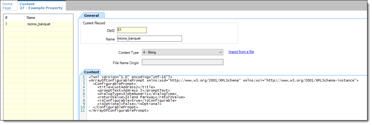 This figure shows the EMC property level Content module and the how the banquet check prompts configuration data is shown in XML format.