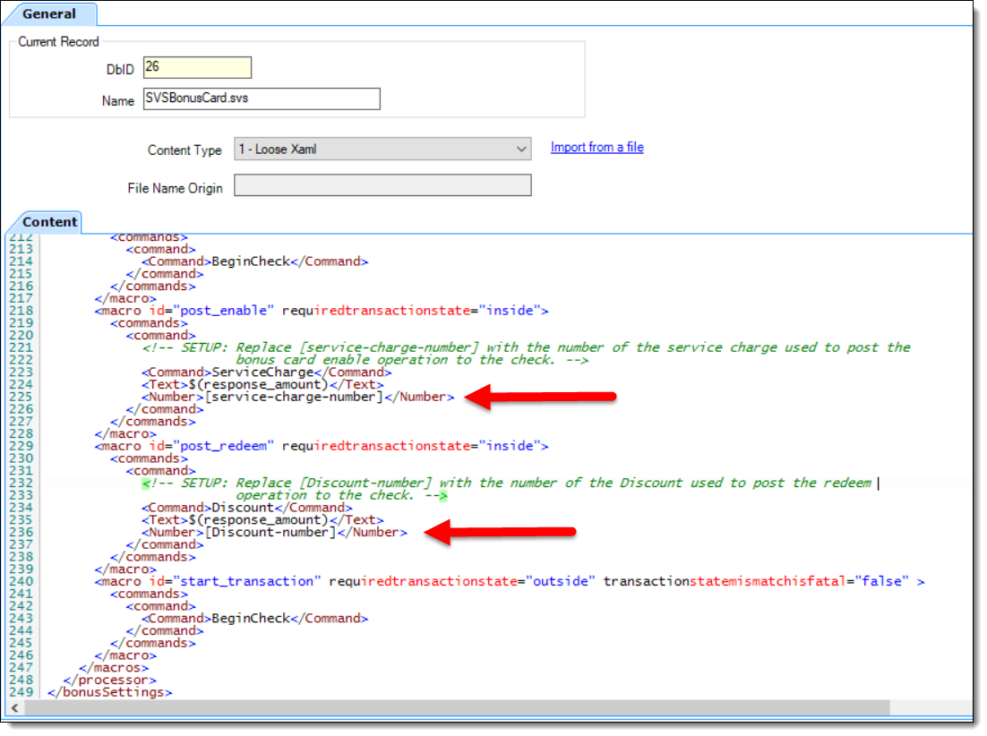 This figure shows the EMC Content module and the required SVSBonusCard.svs service charge and discount configuration fields.