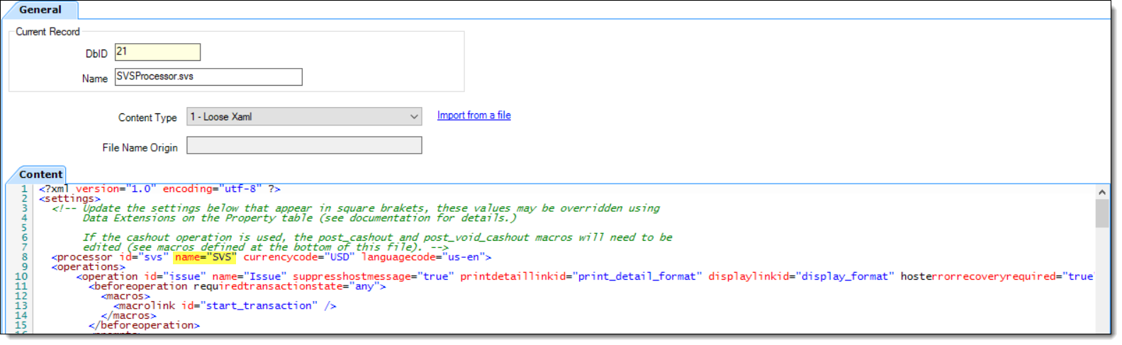 This figure shows the EMC Content module and the SVSProcessor.svs configuration settings.