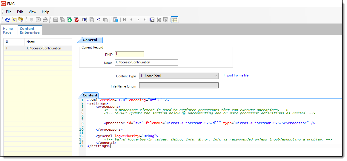 This figure shows the EMC Content module and the imported XProcessor configuration *.XML.