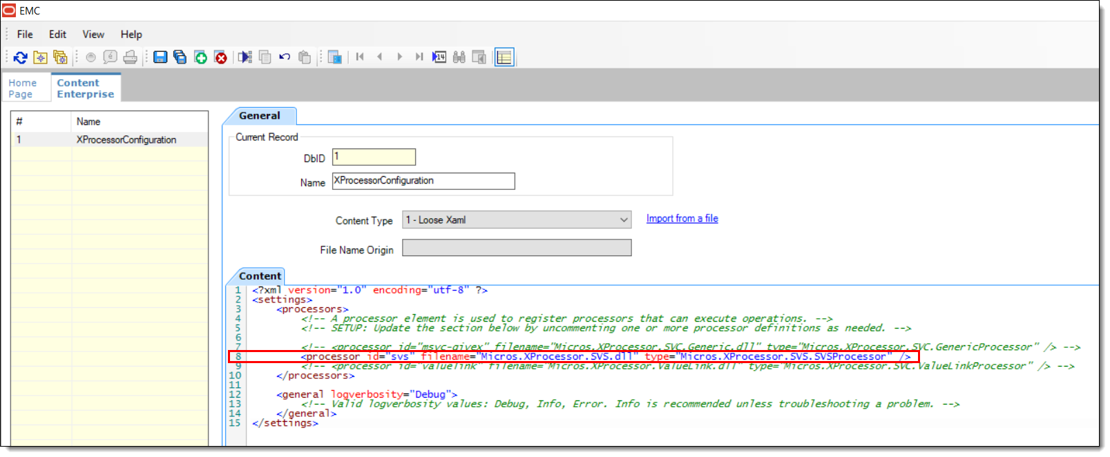 This figure shows the EMC Content module and the imported XProcessor configuration *.XML.