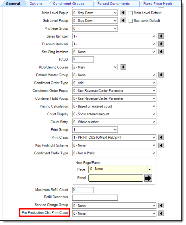 This figure shows the Menu Item Classes file and the Pre-Production Chit Print Class setting.