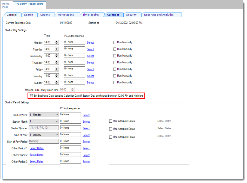 This figure shows the Property Parameters Calendar tab where automatic Start of Day times are configured for each day of the week.