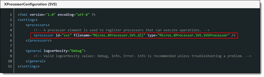 This figure shows the XProcessor Configuration processor id entry for the SVS Processor, indicated with a red rectangle surrounding the code.