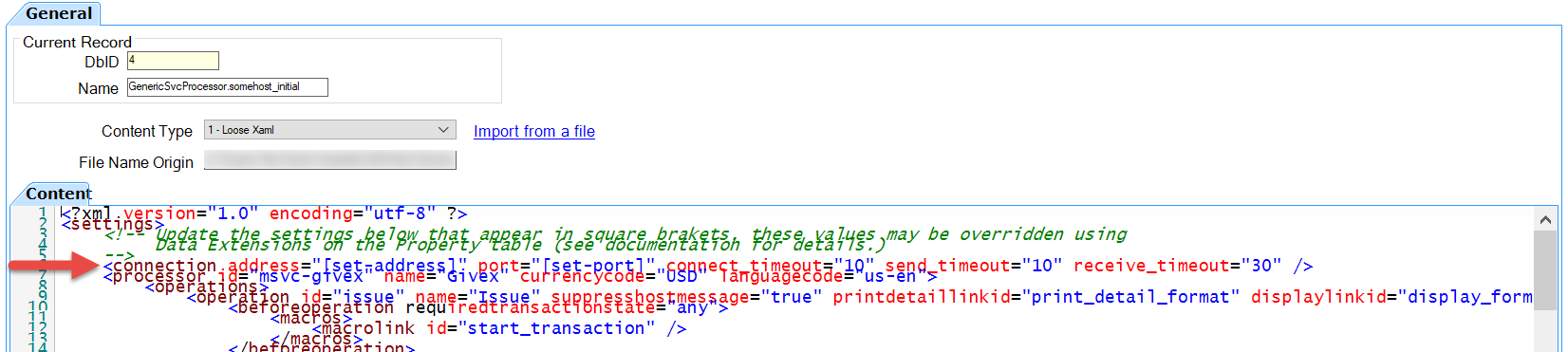 This figure shows a Generic SVC processor content file within the Content section of the processor record in the EMC. A red arrow indicates the area to edit the address and port settings in the content file.