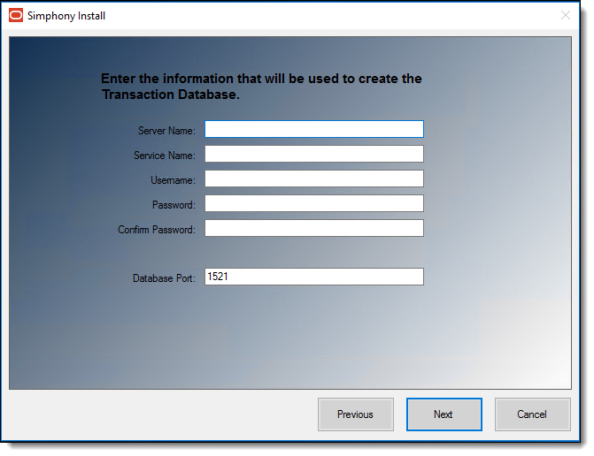 This figure shows the Simphony Install wizard page where you specify the transaction database server name, the database administrator’s logon credentials, and database port number.