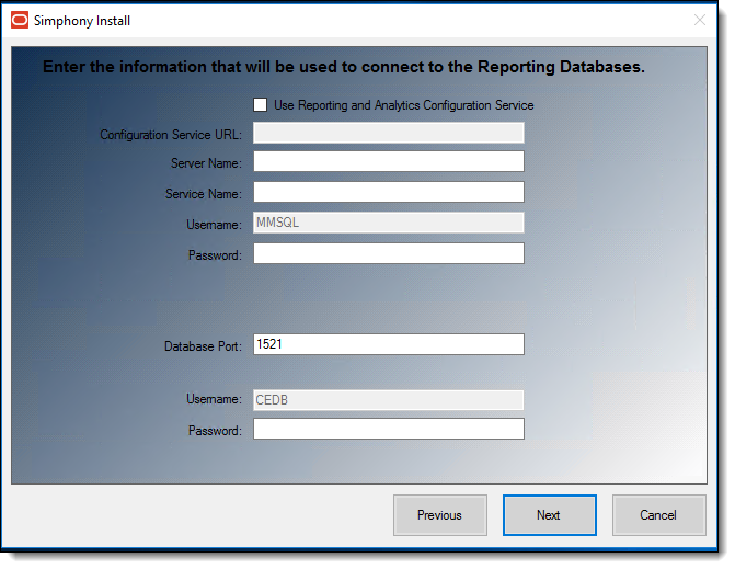 This figure shows the Simphony Install wizard screen where the connection to the reporting database is made.