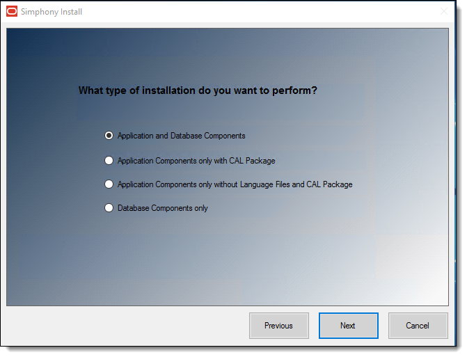 This figure shows the Simphony Install wizard page where you select the installation type.