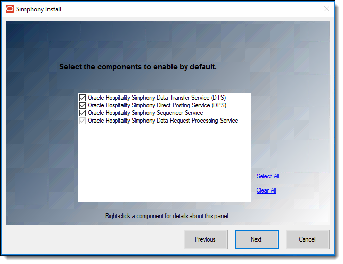 This figure shows the Simphony Install wizard page where you select the components that you want to be enabled by default.