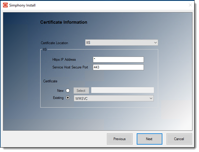 This figure shows the Simphony Install wizard page where you verify the installation of a secure certificate, IP address, and your secure port number.