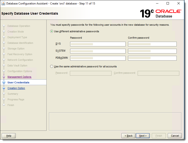 This figure shows the Specify Database User Credentials window.