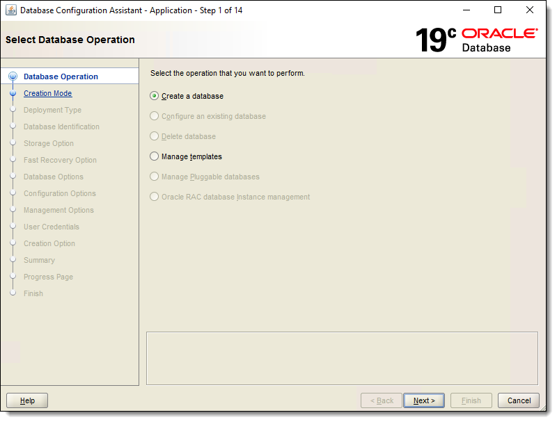 This figure shows the Select Database Operation window, where the database creation option resides.