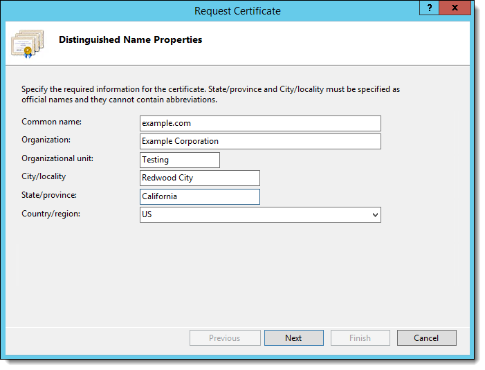 This figure shows the certificate request Distinguished Name Properties window.