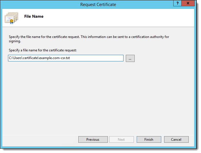This figure shows the certificate request File Name window.