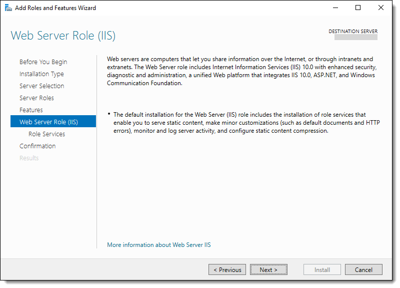 This figure shows the Web Server Role (IIS) window.