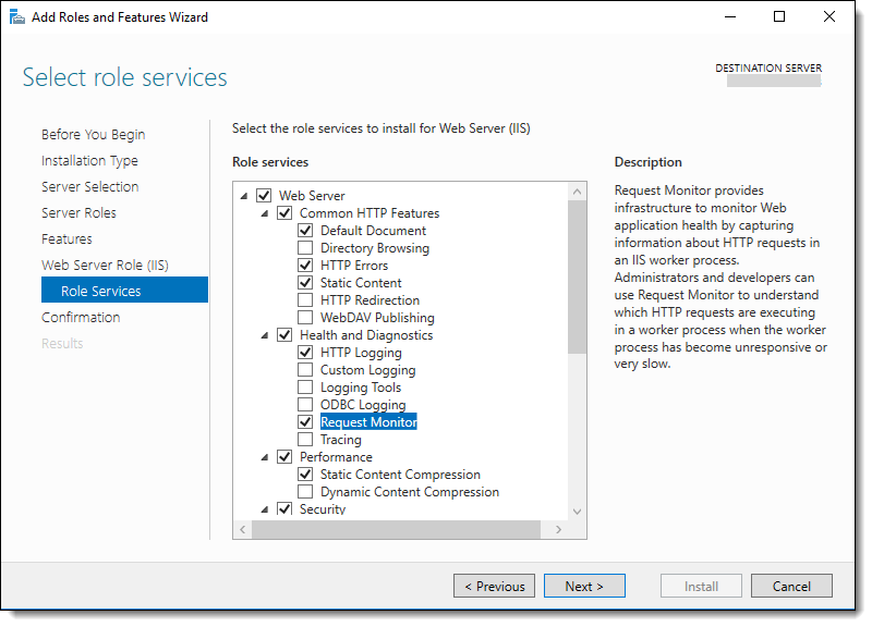 This figure shows the Add Roles and Features Wizard page where you expand and select the Web Server role services.