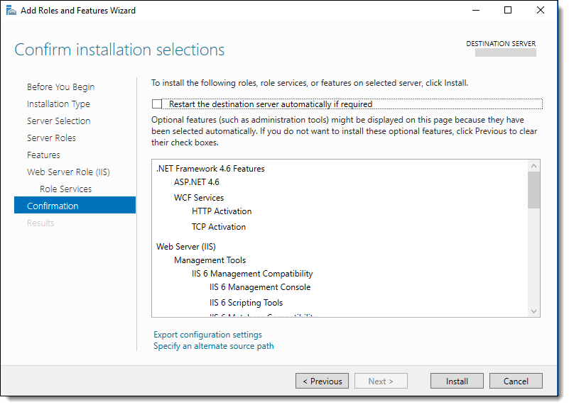 This figure shows the Add Roles and Features Wizard confirmation page.