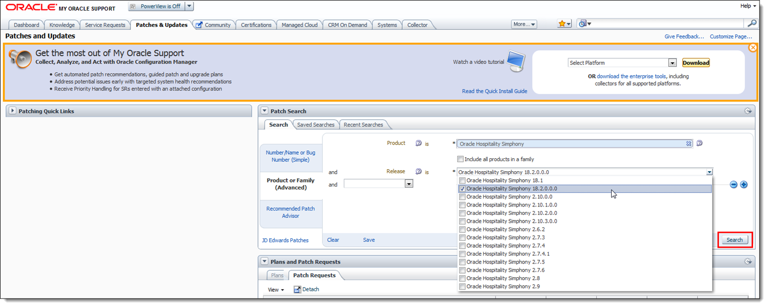 This figure shows the My Oracle Support Patches and Updates window, specifically the Patch Search section.