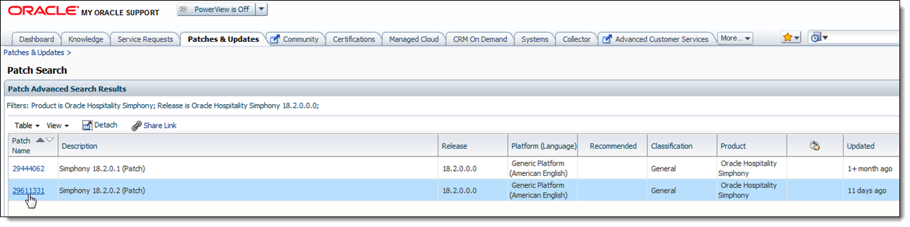 This figure shows the My Oracle Support Patches and Updates window, specifically the Patch Advanced Search Results section.