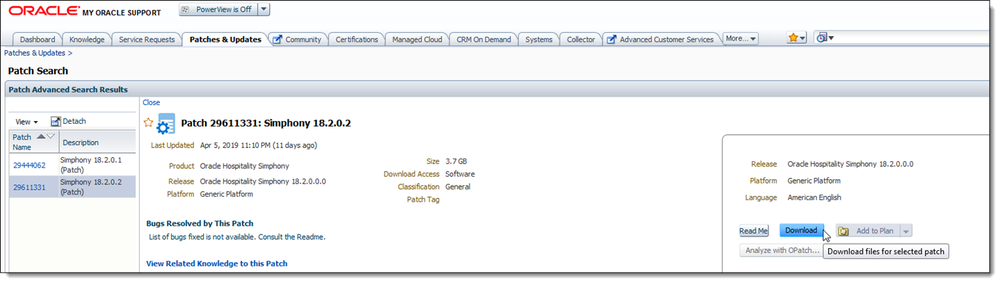 This figure shows the My Oracle Support Patches and Updates window, specifically the Download and Read Me documentation buttons.