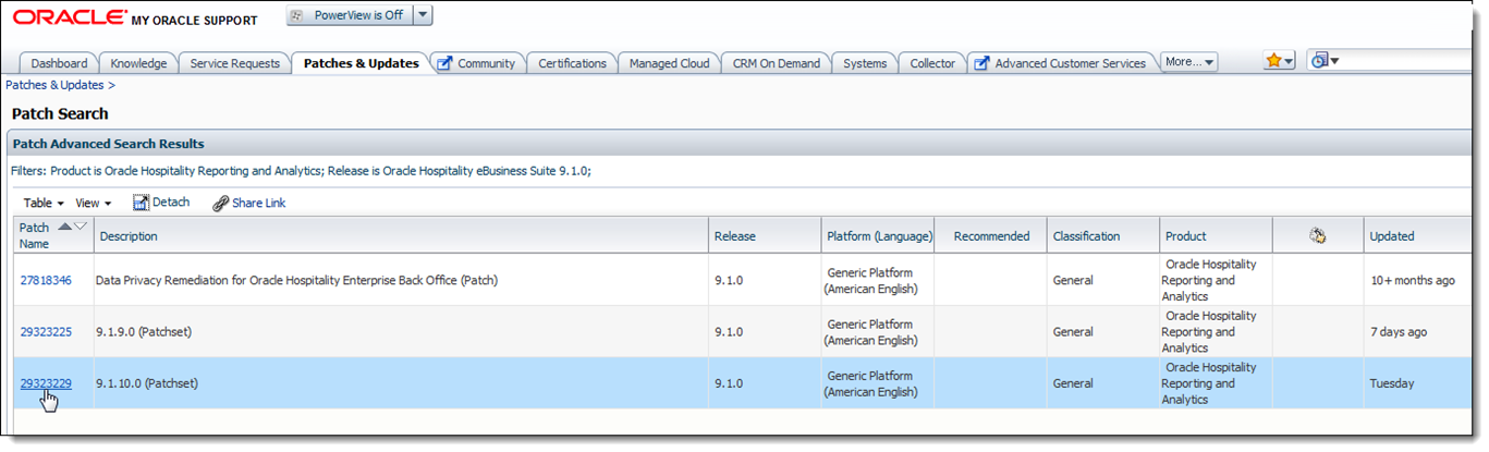 This figure shows the My Oracle Support Patches and Updates window, specifically the Patch Advanced Search Results section.