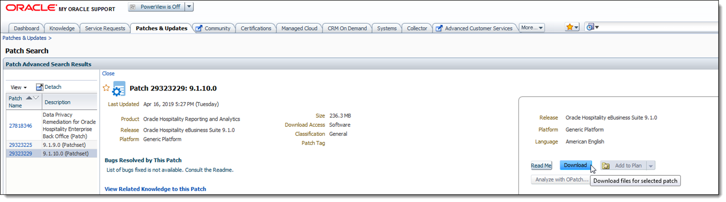 This figure shows the My Oracle Support Patches and Updates window, specifically the Download and Read Me documentation buttons.