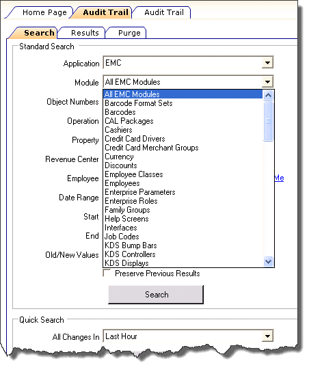 This figure shows the standard Audit Trail Search tab. This figure shows the standard Audit Trail Search tab.