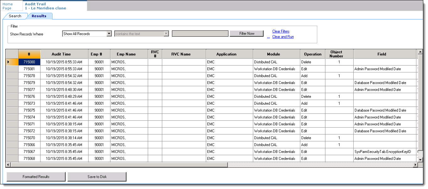 This figure shows the results of an Audit Trail search.