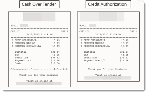 This image shows two example equal payment receipts. The left part of the image describes the Cash Over Tender example receipt, and the right side describes the Credit Authorization example receipt.