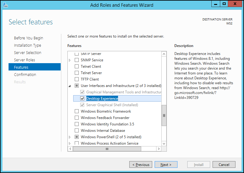 This figure shows the Add Roles and Features Wizard where you install Desktop Experience.