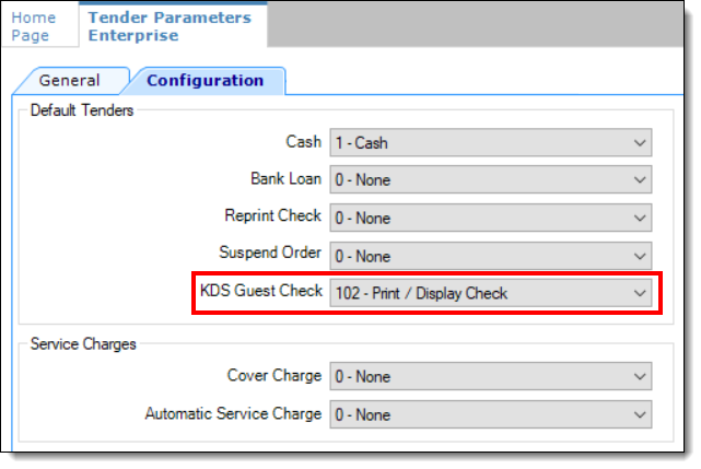 This figure shows the Tender Parameters module’s KDS Guest Check field.