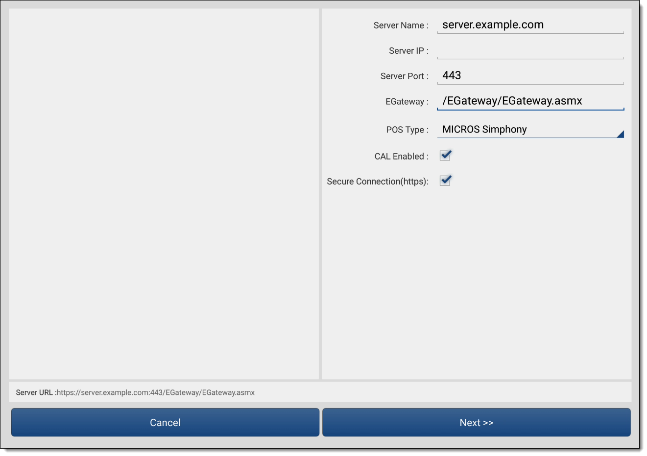 This figure shows the Simphony server identification for CAL screen.