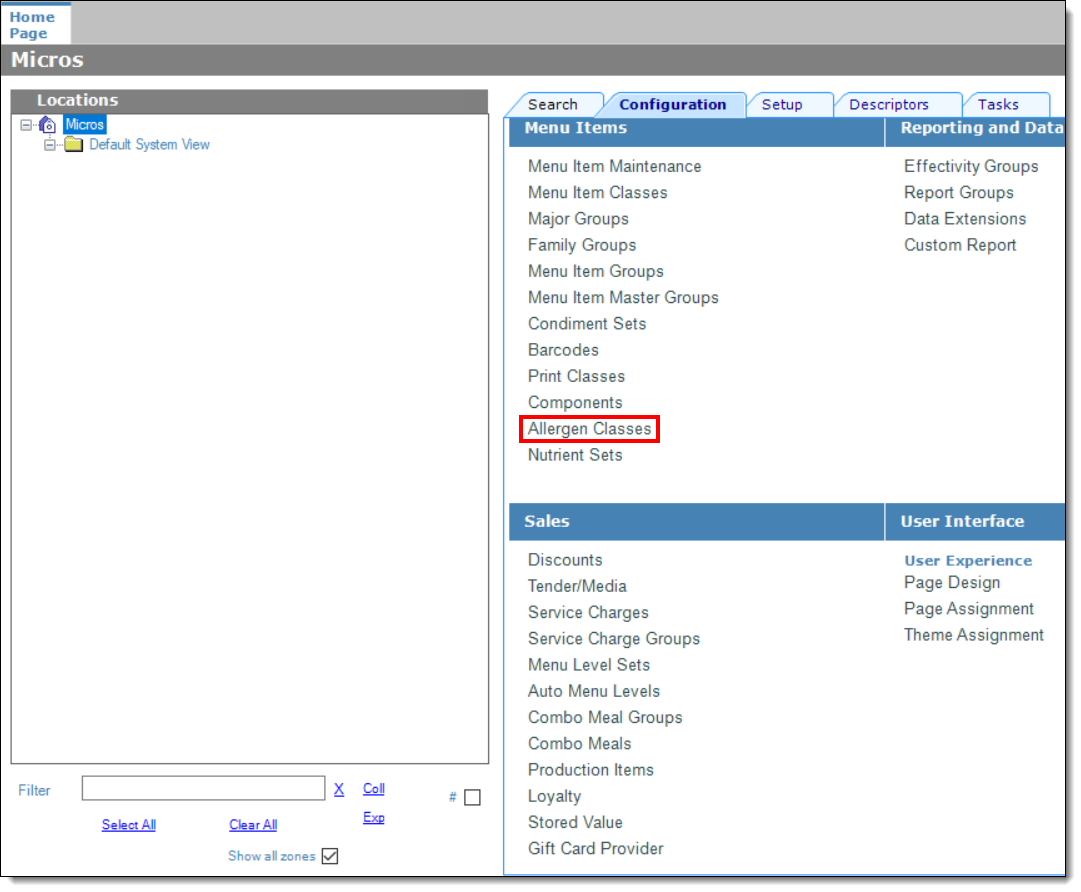 This figure shows the EMC’s Allergen Classes link.