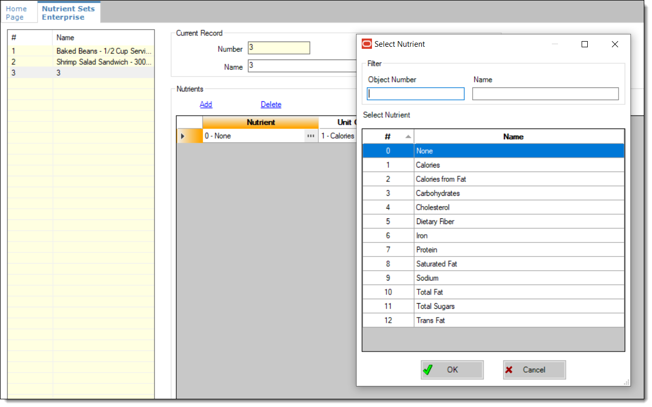 This figure shows the drop-down list of nutrients to add to the Nutrient Sets module.