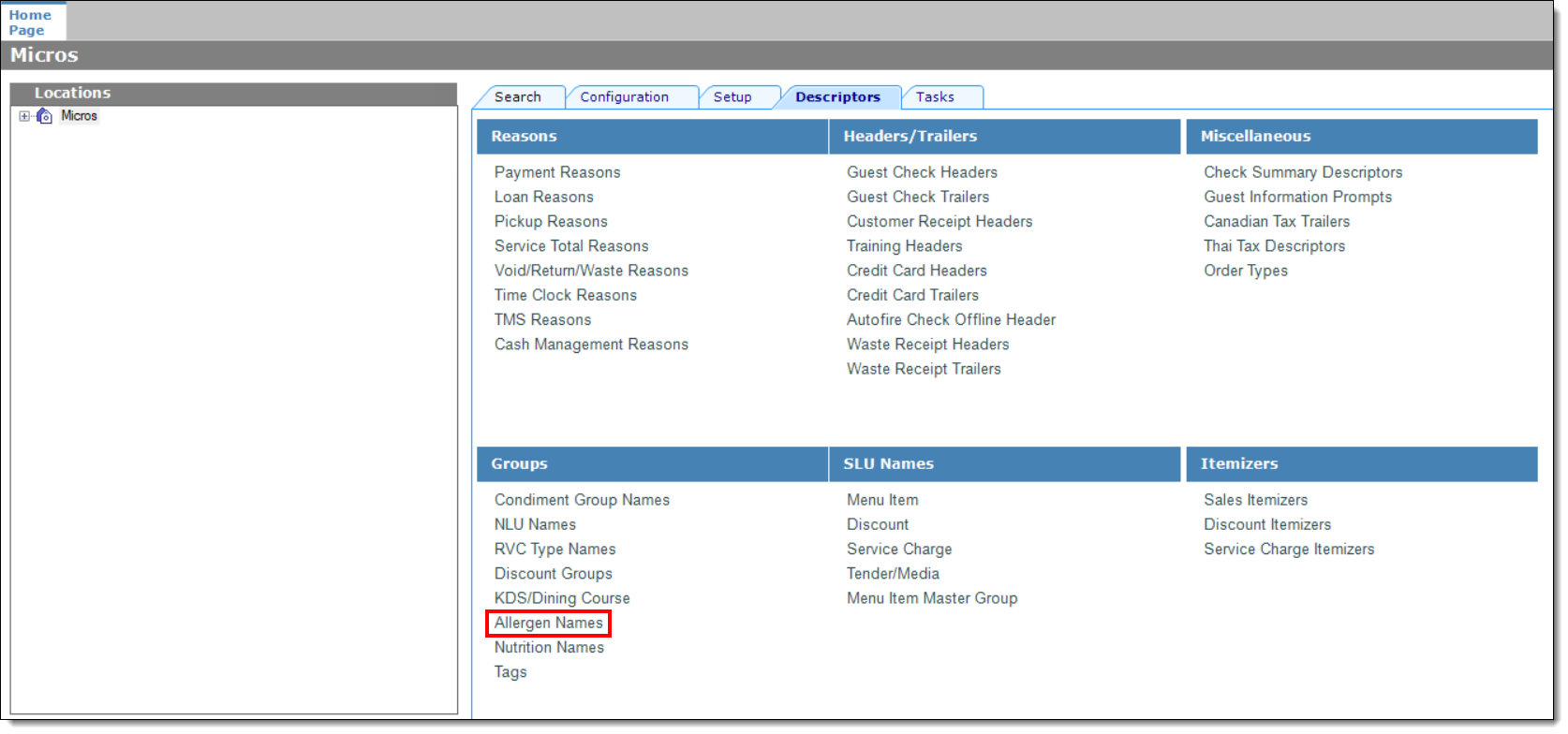 This figure shows the EMC Descriptors tab Allergen Names link.