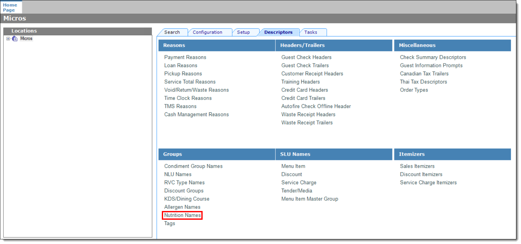 This figure shows the EMC Descriptors tab Nutrition Names link.