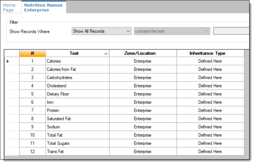 This figure shows the pre-configured Nutrition Names.